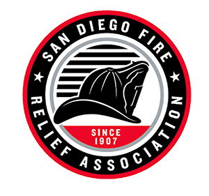 A red and black logo for the san diego fire relief association.