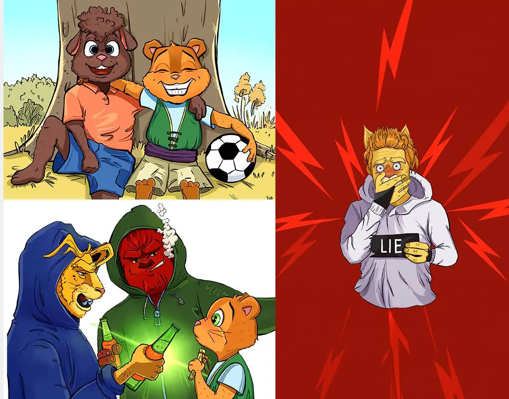 A series of cartoon images with different characters.