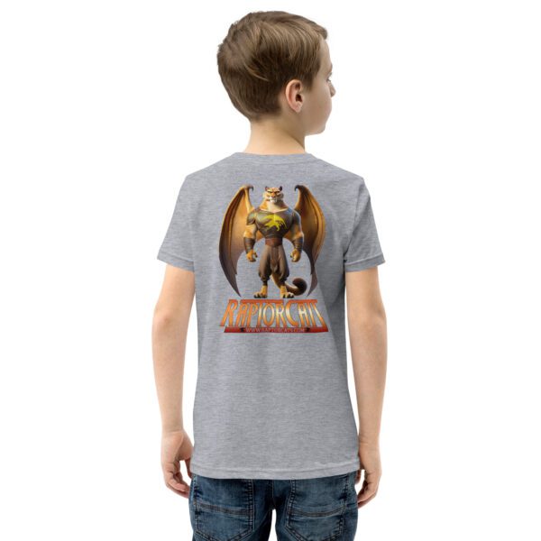 A boy wearing a gray t-shirt with an image of a dog.