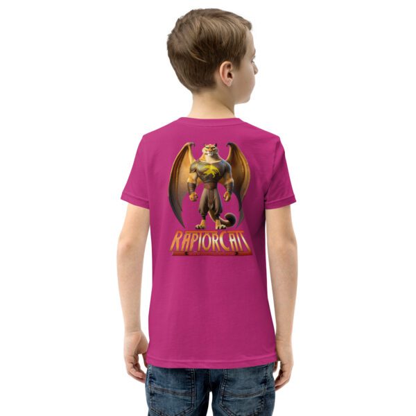 A kid wearing a t-shirt with an image of a dragon.