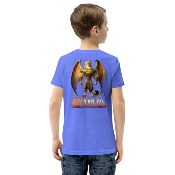 A kid wearing a t-shirt with an image of a dragon.