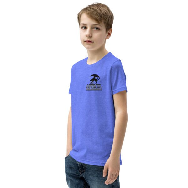 A boy wearing a blue shirt and jeans.