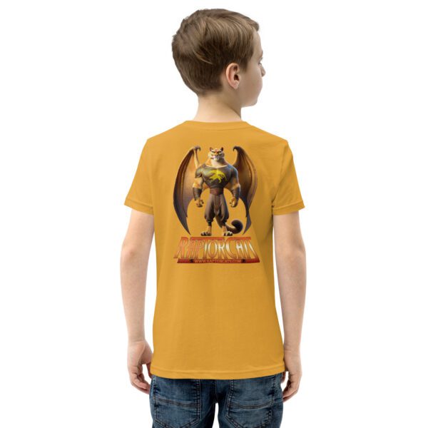 A boy wearing a t-shirt with an image of a dragon.