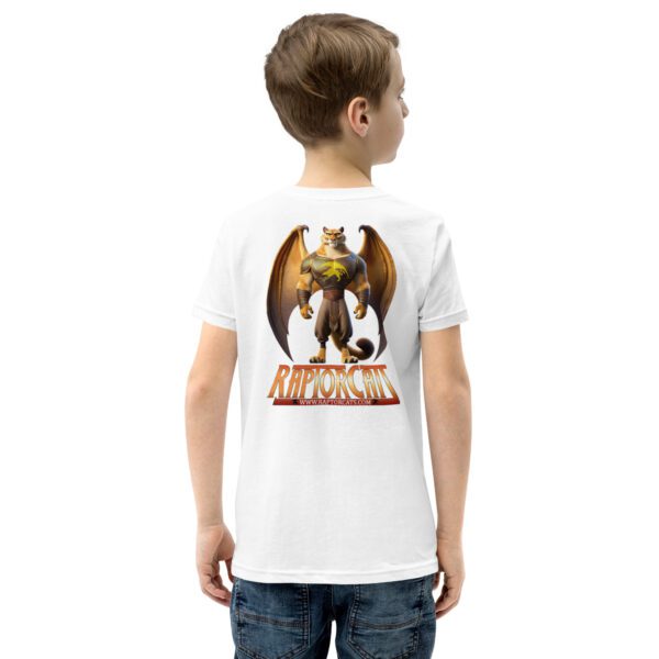 A boy wearing a white shirt with an image of a dog.