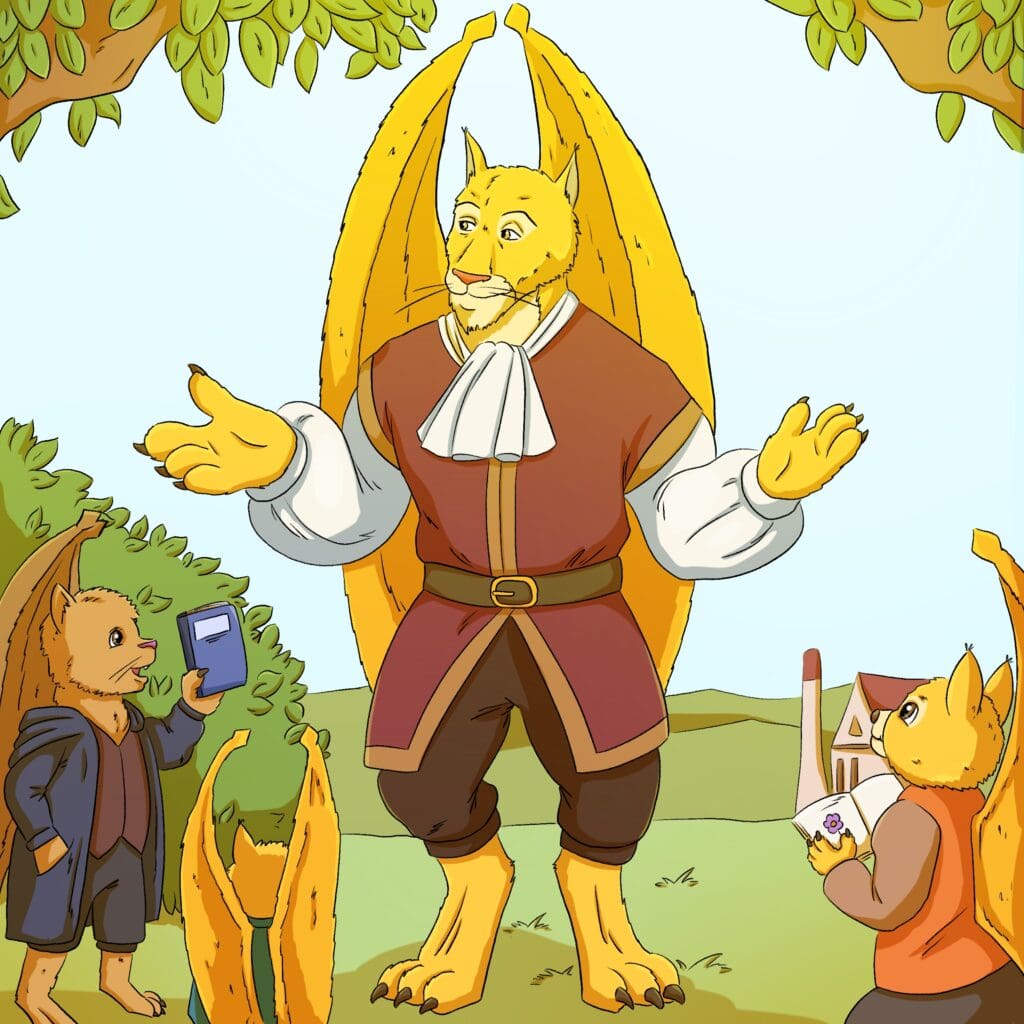 Anthropomorphic creatures having a lively outdoor discussion.