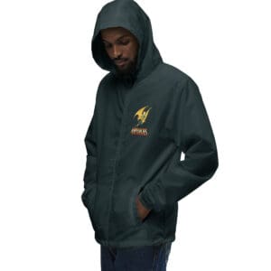 Man wearing dark hooded jacket with logo.