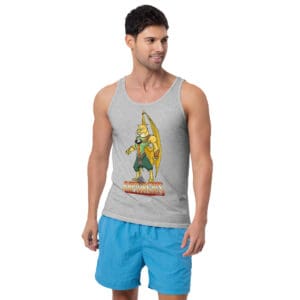 Man wearing tank top and blue shorts.