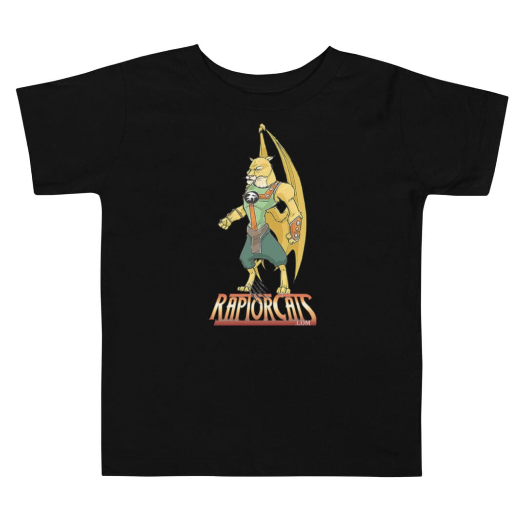 Black t-shirt with cartoon cat superhero.