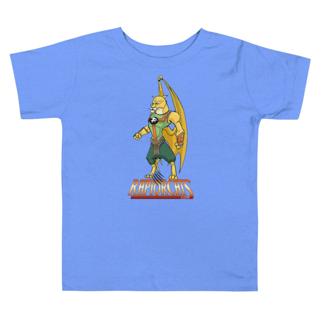 Blue shirt with cartoon character graphic.