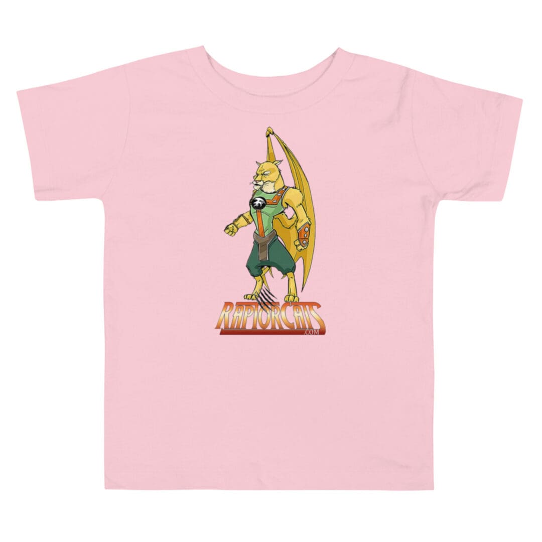 Pink t-shirt with cartoon character design.