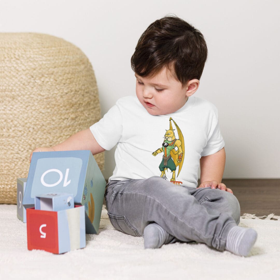 Toddler playing with colorful blocks on floor.