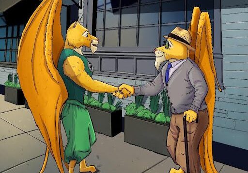 Two cartoon characters shaking hands in front of a building.